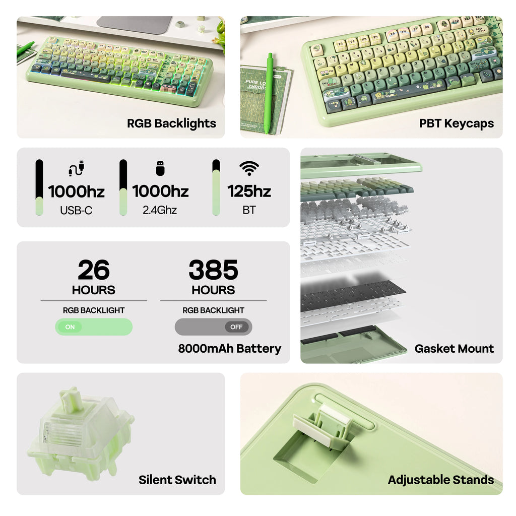 KiiBOOM Phantom98 Lite 96% ANSI US Layout VIA Programmable Gasket Wired/BT/2.4GHz Wireless Mechanical Gaming Keyboard 8000mAh