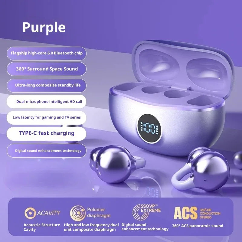 Tidesmit Open-Ear Wireless Sport Earbuds - Secure Clip-On Audio PURPLE Tidesmit