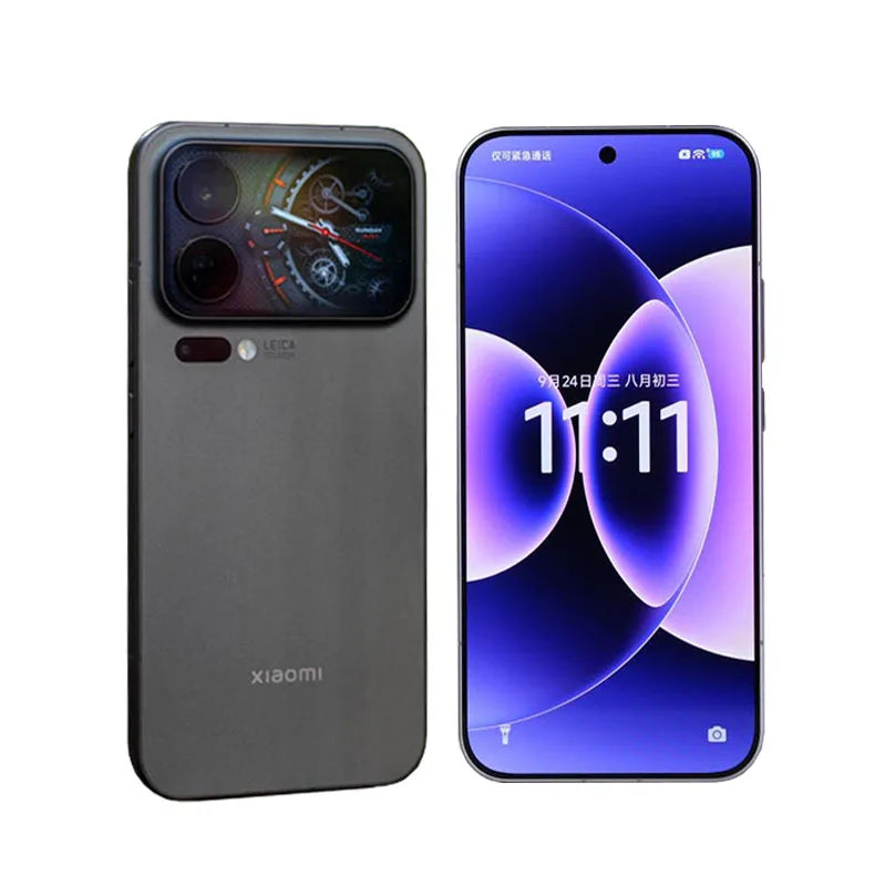 Xiaomi 17 Pro Max grey smartphone front and back view, 6.9-inch display, Leica triple camera, Snapdragon 8 Elite.