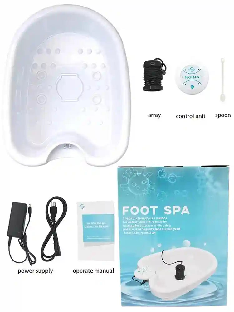 White ionic detox foot spa bath machine with electric array, control unit, power supply, and manual in retail box.