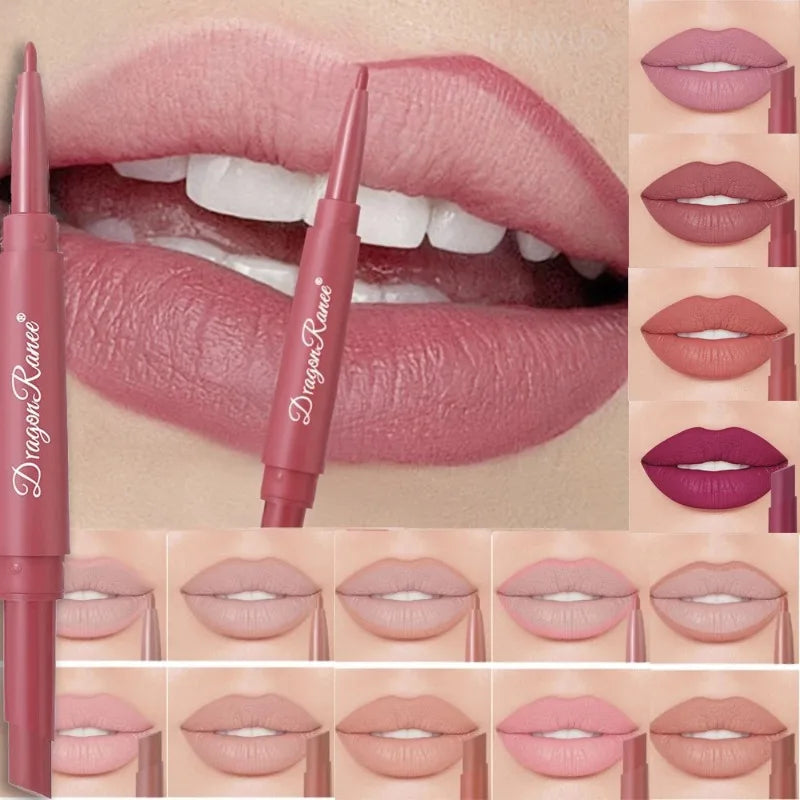 Dual-ended waterproof matte lip liner and lipstick pencil in various rose red and nude shades for long-lasting makeup.