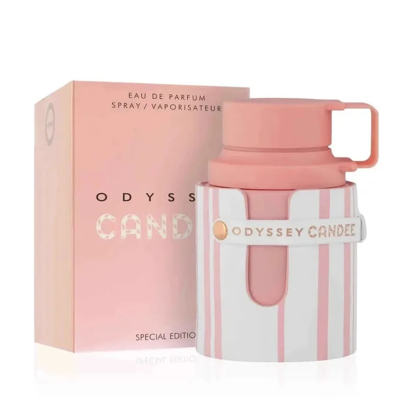 Armaf Odyssey Candee EDP 100ml: Pink striped, canteen-style bottle, luxury Middle Eastern fragrance spray for men.