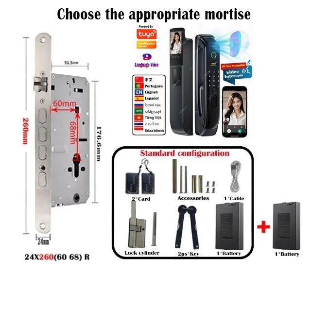 6068,5572,6072,6085 Mortise Lock Tuya Wifi App Camera Smart Digital Lock With Fingerprint Face Key Card Rfid