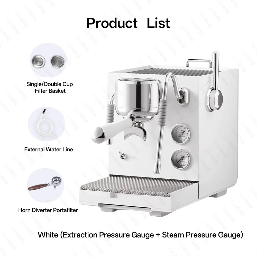 Cafovo white espresso machine with dual pressure gauges, portafilter, steam wand, and external water line accessories.