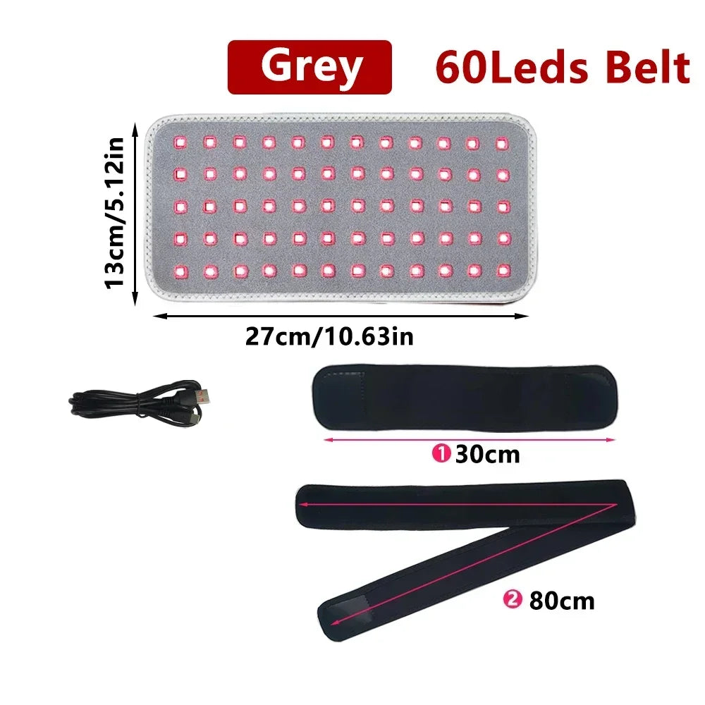 Grey 60-LED red light therapy belt with 660nm and 850nm infrared light pad for pain relief, slimming, and body joints.