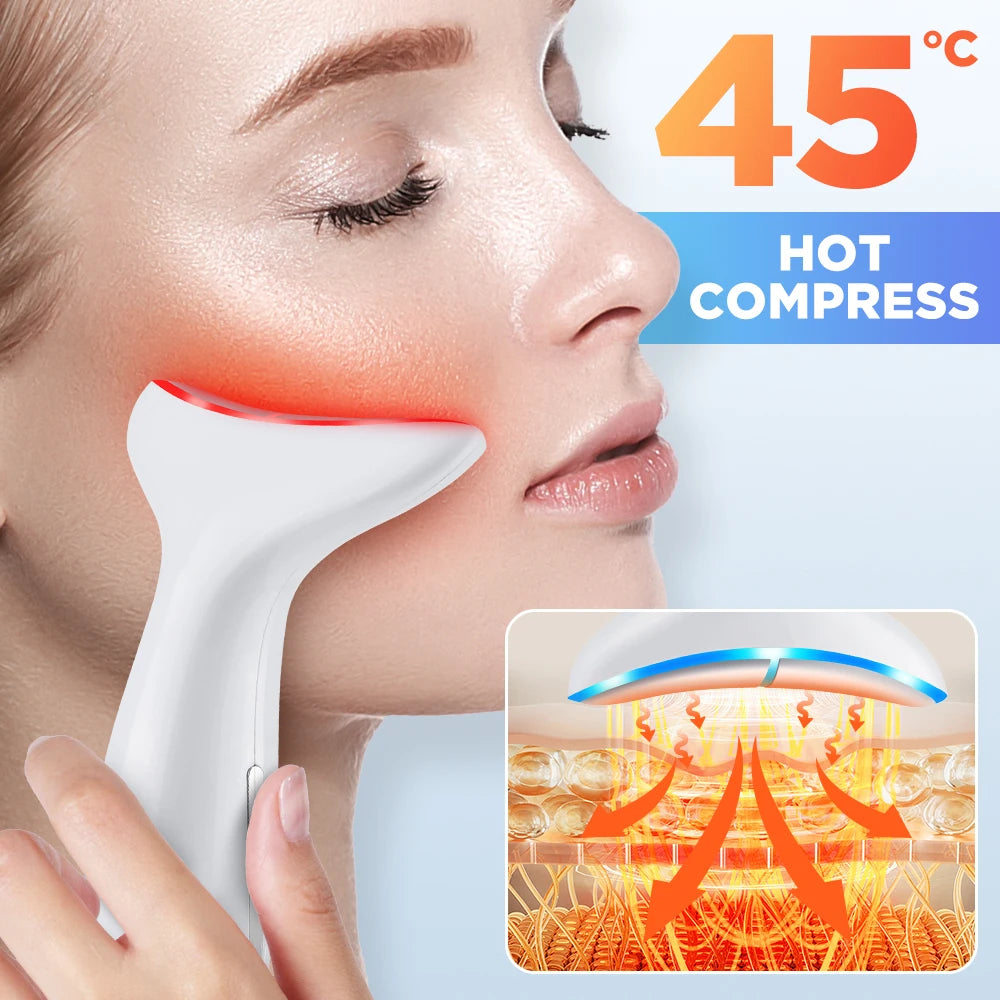 White portable EMS face and neck massager with red LED light therapy being used on a woman's cheek for hot compress.