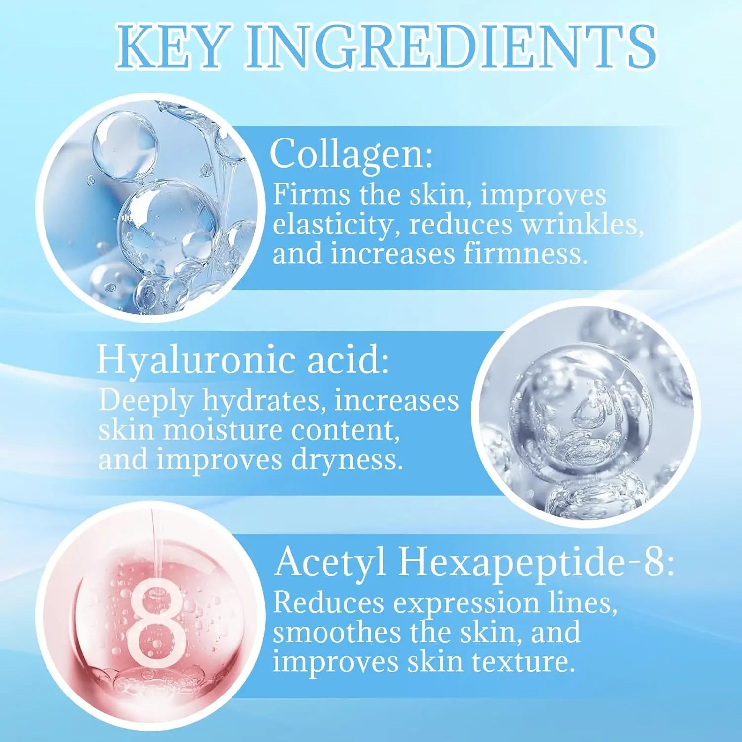 Micro infusion serum kit key ingredients: collagen, hyaluronic acid, and acetyl hexapeptide-8 for radiant, firm skin.