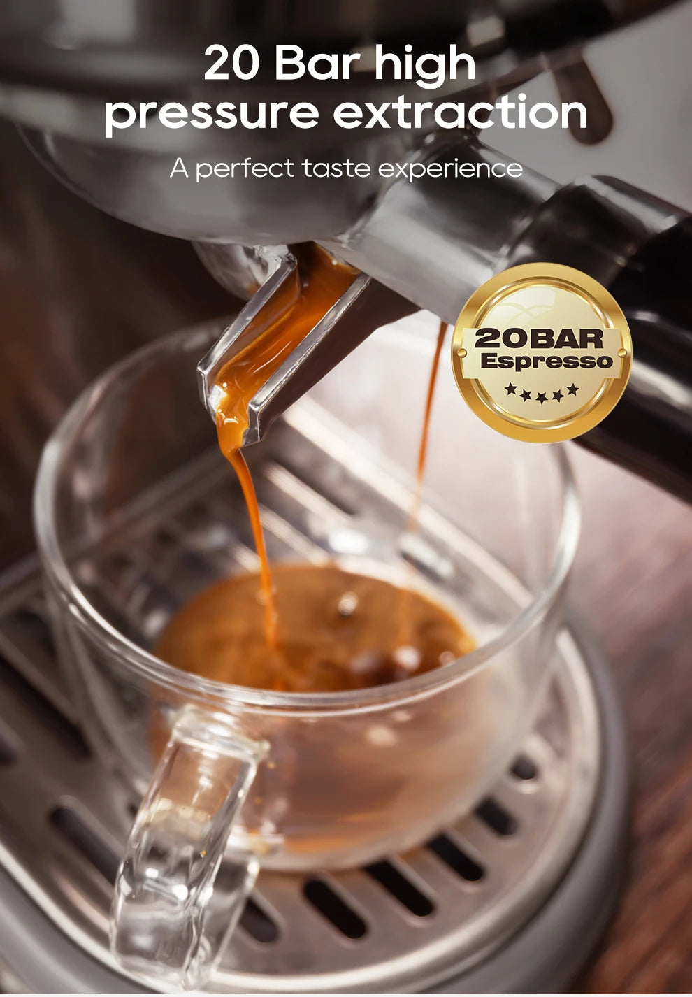 20 bar stainless steel espresso machine pouring fresh coffee into a clear glass cup.