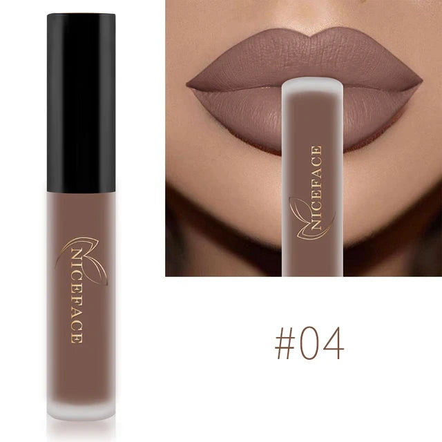 Niceface waterproof matte liquid lipstick in shade #04, a long-lasting brown nude lip makeup with a smooth matte finish.