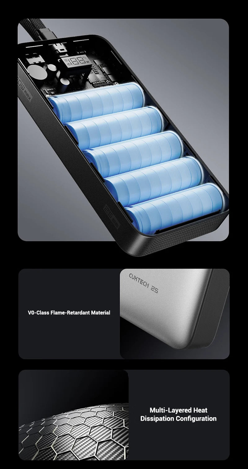 CUKTECH 25000mAh 120W Portable Charger with Built-in USB-C Cable Tidesmit