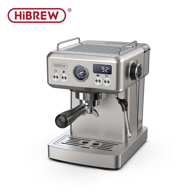 HiBREW stainless steel espresso machine with digital temperature display, pressure gauge, and steam wand.