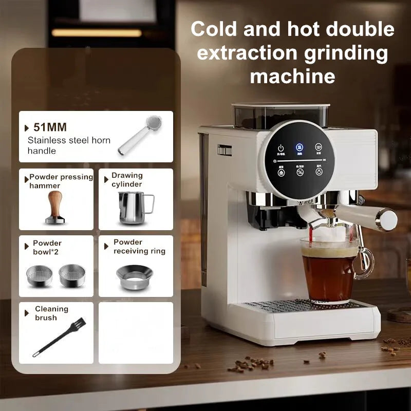 White 51mm espresso machine with grinder, hot/cold extraction, stainless steel portafilter, and barista accessories.