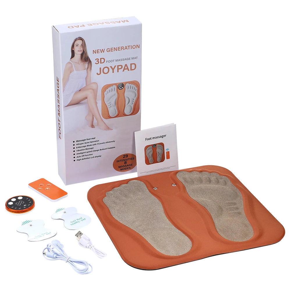 3D smart foot massage mat with RF remote, 8 modes, 29 intensity levels, rechargeable for muscle relaxation.