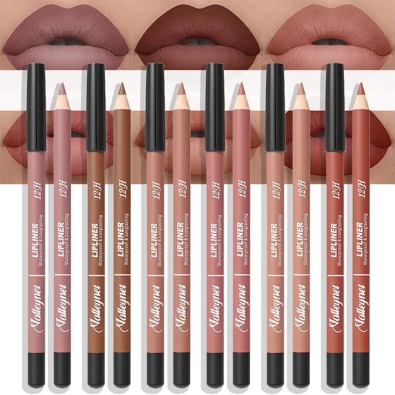 6-color velvet matte lip liner set with long-lasting waterproof pencils in versatile berry and brown nude shades.