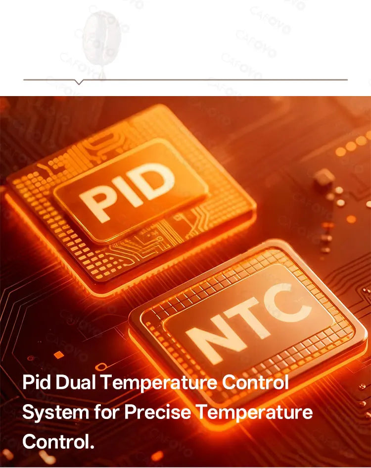 Cafovo coffee machine PID and NTC circuit board chips for precise dual temperature control system in orange light.