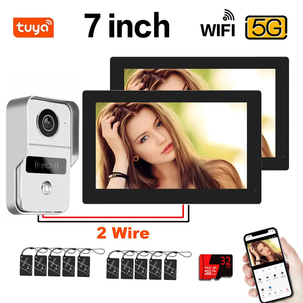 Tuya 1080P 5G Wifi 7/10 Inch 2pcs Touch Monitor for Apartment System Home Security 2 Wire Doorbell Card Swipe APP NFC unlock