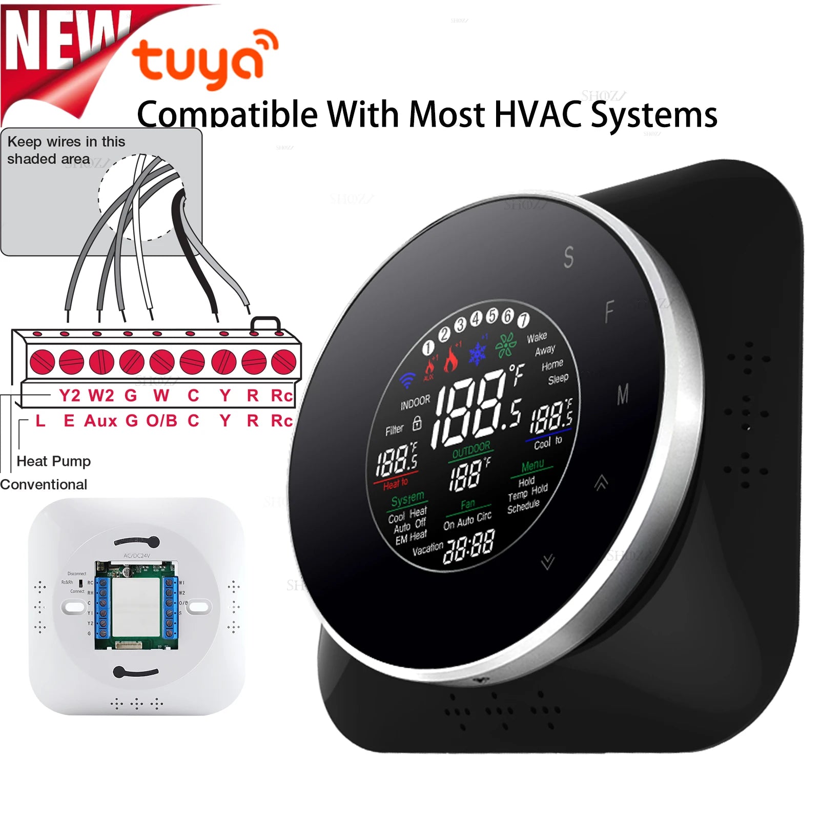 TUYA WIFI 24VAC AIR SOURCE Heat Pump Thermostat for HVAC System - Compatible With Boiler, Air Energy Works with Alexa, Google
