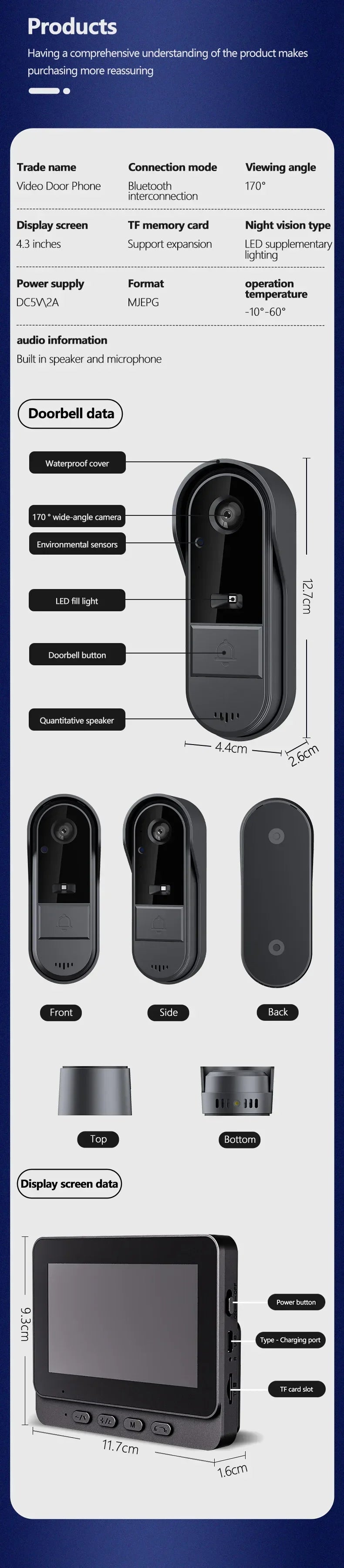 Wireless Wifi Doorbell Camera 1080P Waterproof Video Intercom Doorbell 4.3in IPS Screen Home Security Door Bell IR Night Vision