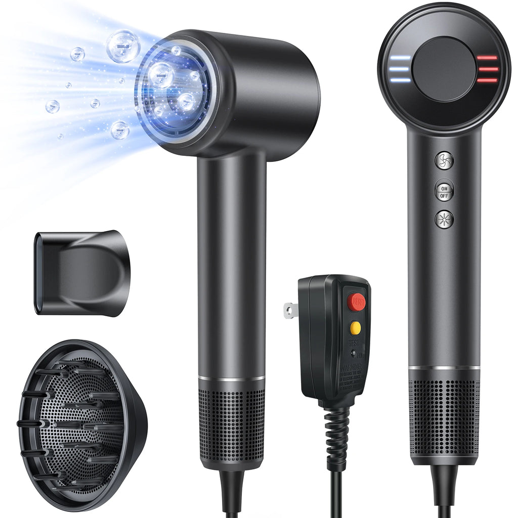 Black high-speed negative ion hair dryer with diffuser, concentrator nozzle, and sleek ergonomic LED control design.