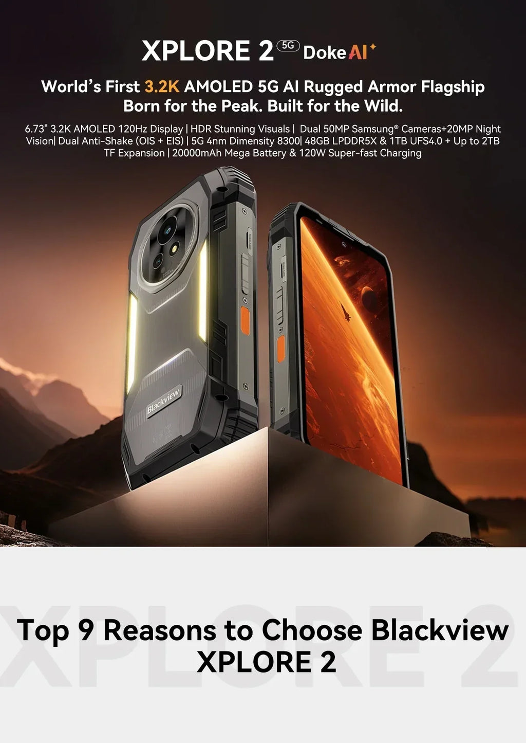 Blackview XPLORE 2 Rugged Phone 5G 6.73” 3.2K AMOLED Display 20000mAh MediaTek Dimensity 8300 120W Charger Tidesmit