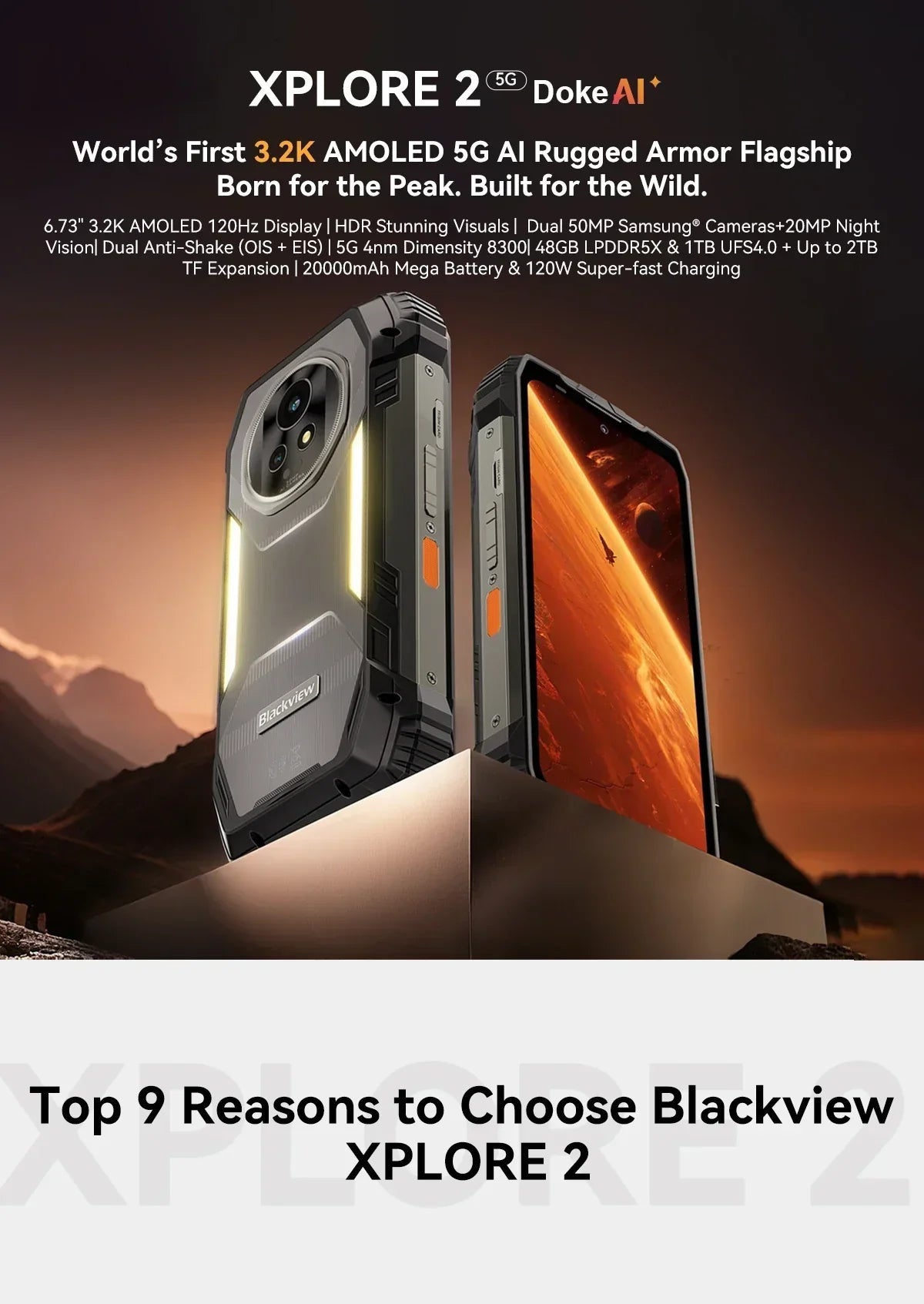 Blackview XPLORE 2 Rugged Phone 5G 6.73” 3.2K AMOLED Display 20000mAh MediaTek Dimensity 8300 120W Charger Tidesmit