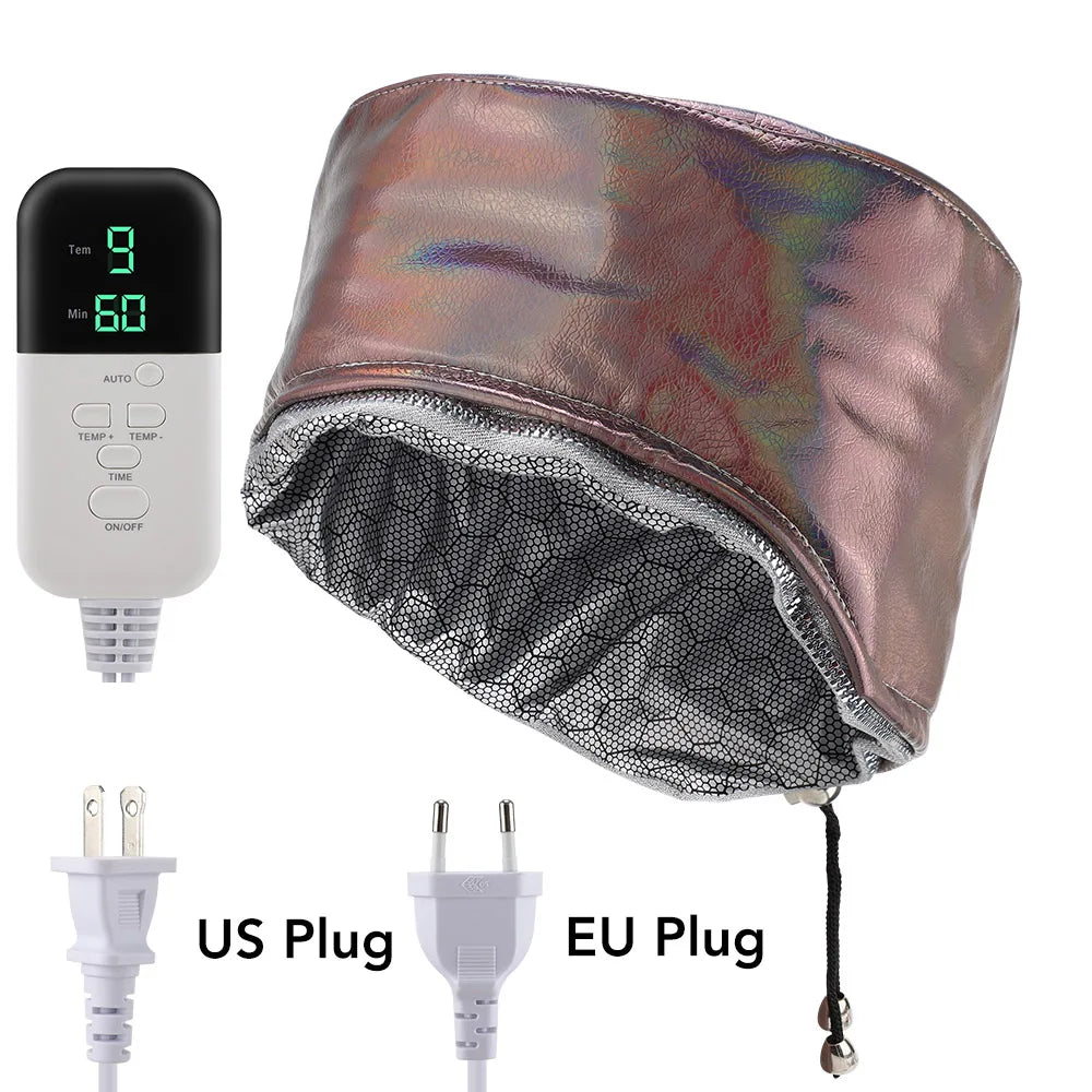 Holographic hair steamer cap for deep conditioning with 9 heat levels, timer controller, and US/EU plug options.