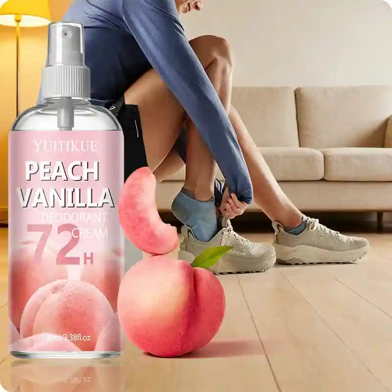 Tidesmit YUITIKUE Peach Vanilla shoe odor eliminator spray for fast, long-lasting, and fresh foot odor removal.