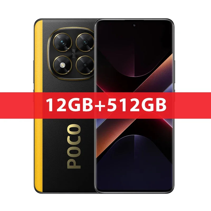Black and yellow smartphone with a 12GB RAM and 512GB storage capacity, shown from front and back.