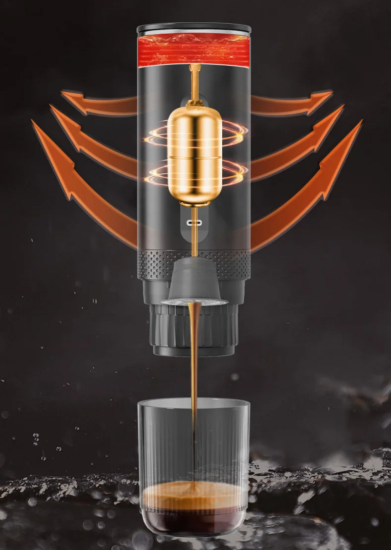 Portable black and gold manual espresso coffee maker brewing into a glass, highlighting internal capsule pressure.