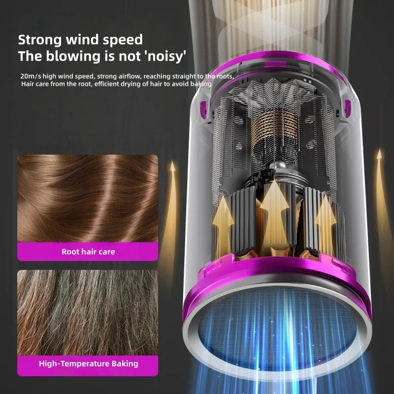 Purple foldable negative ion hair dryer with high-speed motor interior, showing efficient root-drying technology.