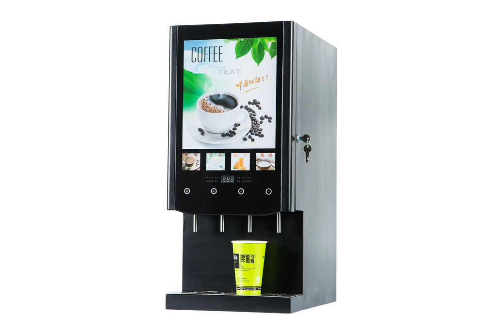 Black commercial coffee dispenser machine with touchscreen interface and four serving nozzles on a white background.