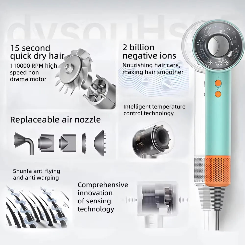 Teal & orange negative ion leafless hair dryer with high-speed motor, intelligent heat control, and styling nozzles.