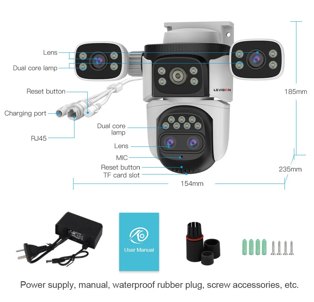 LS VISION Wireless WiFi Camera, 10K, 20MP, Outdoor, 10X Zoom, Four Lens, 720 ° PTZ, Automatic Tracking, Waterproof CCTV Cam