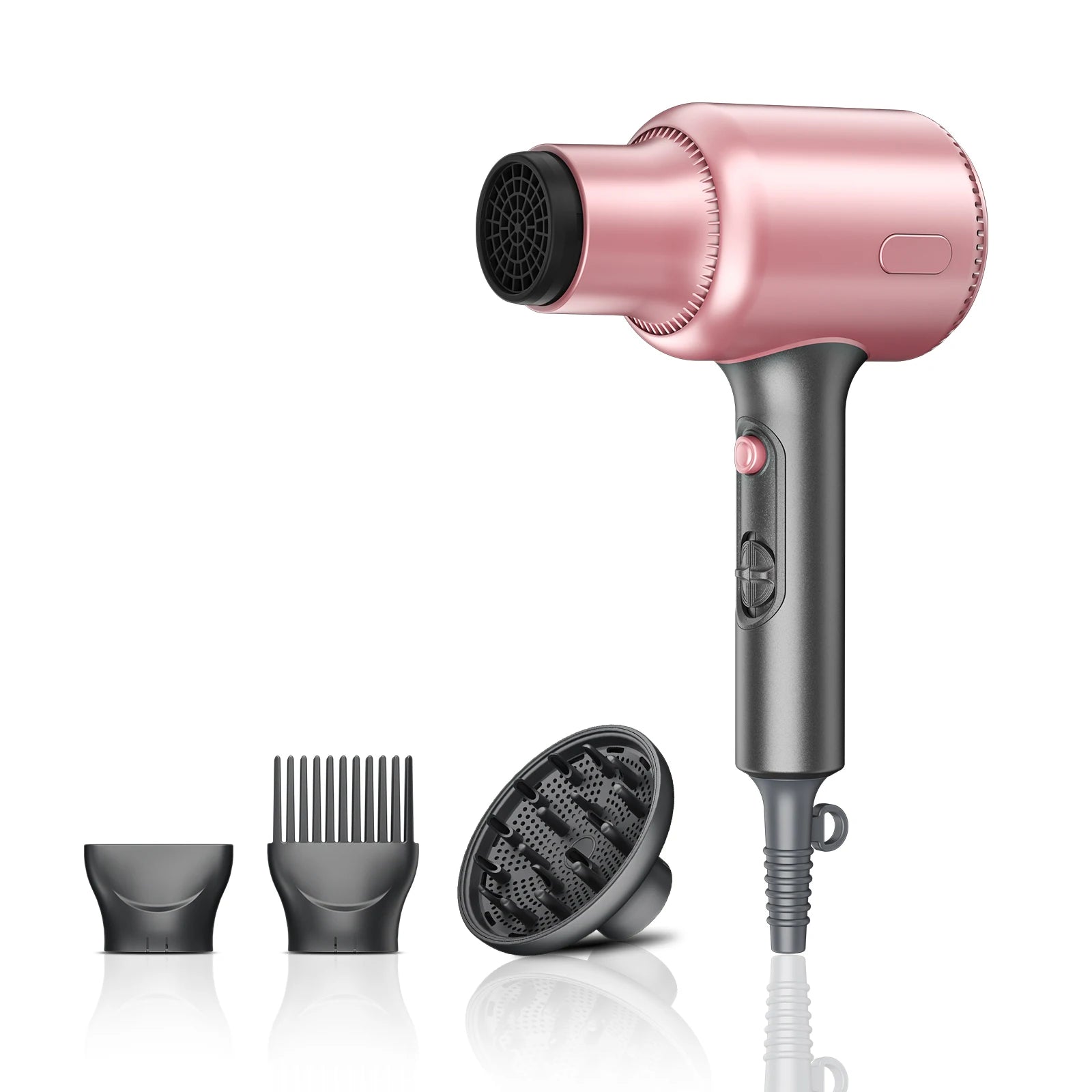 Pink 1600W ionic hair dryer with 3 attachments, including diffuser and concentrator nozzles for fast, professional drying.
