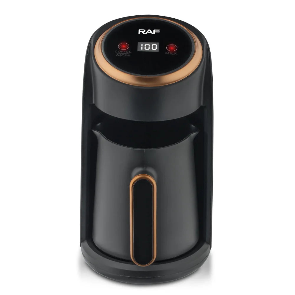 RAF black and bronze electric coffee maker with a digital temperature display, cup handle, and touch controls.