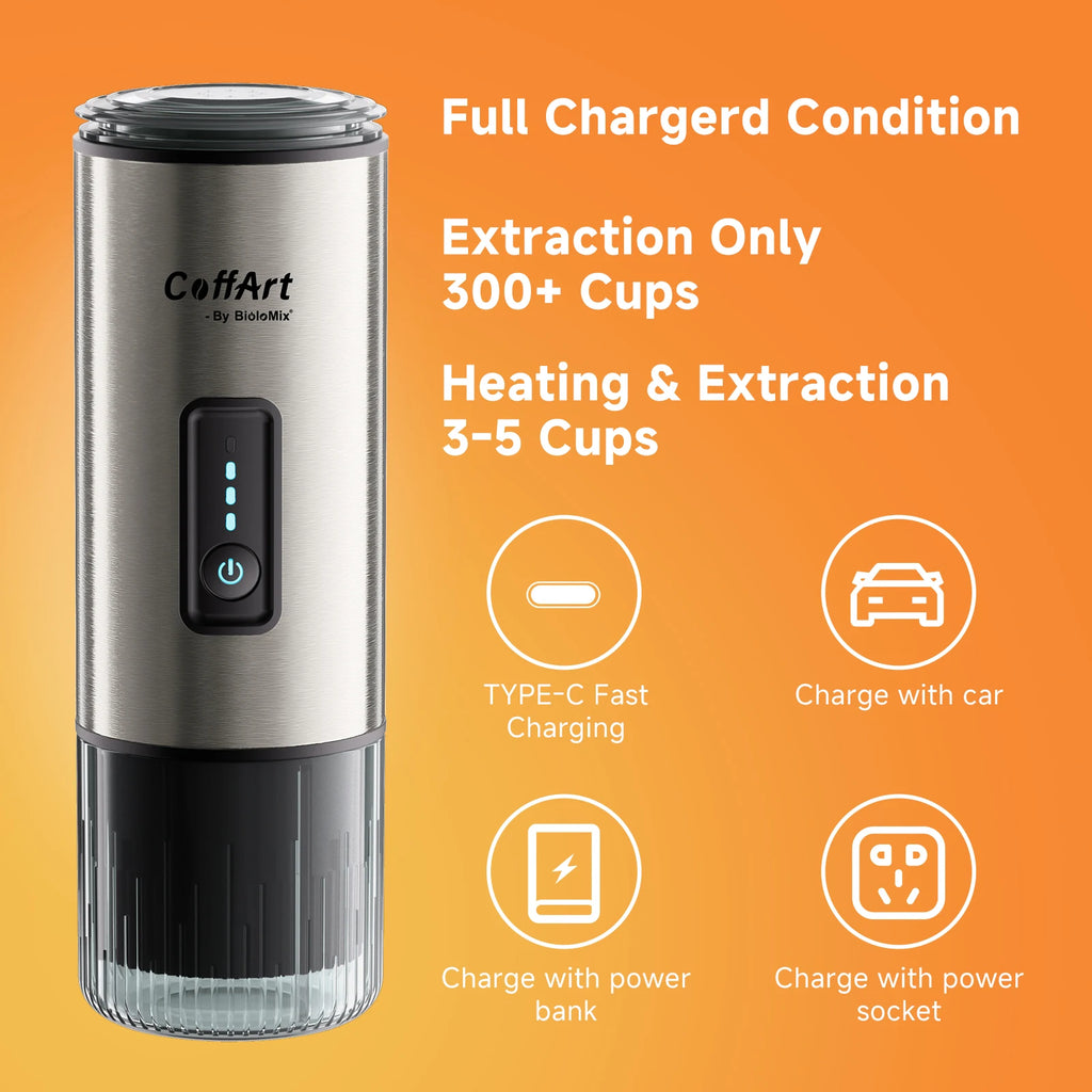 CoffArt by BioloMix portable stainless steel electric coffee maker with Type-C USB charging on orange background.