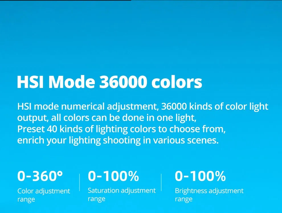 HSI mode light features 36,000 colors, 40 presets, and adjustable hue, saturation, and brightness for photography.