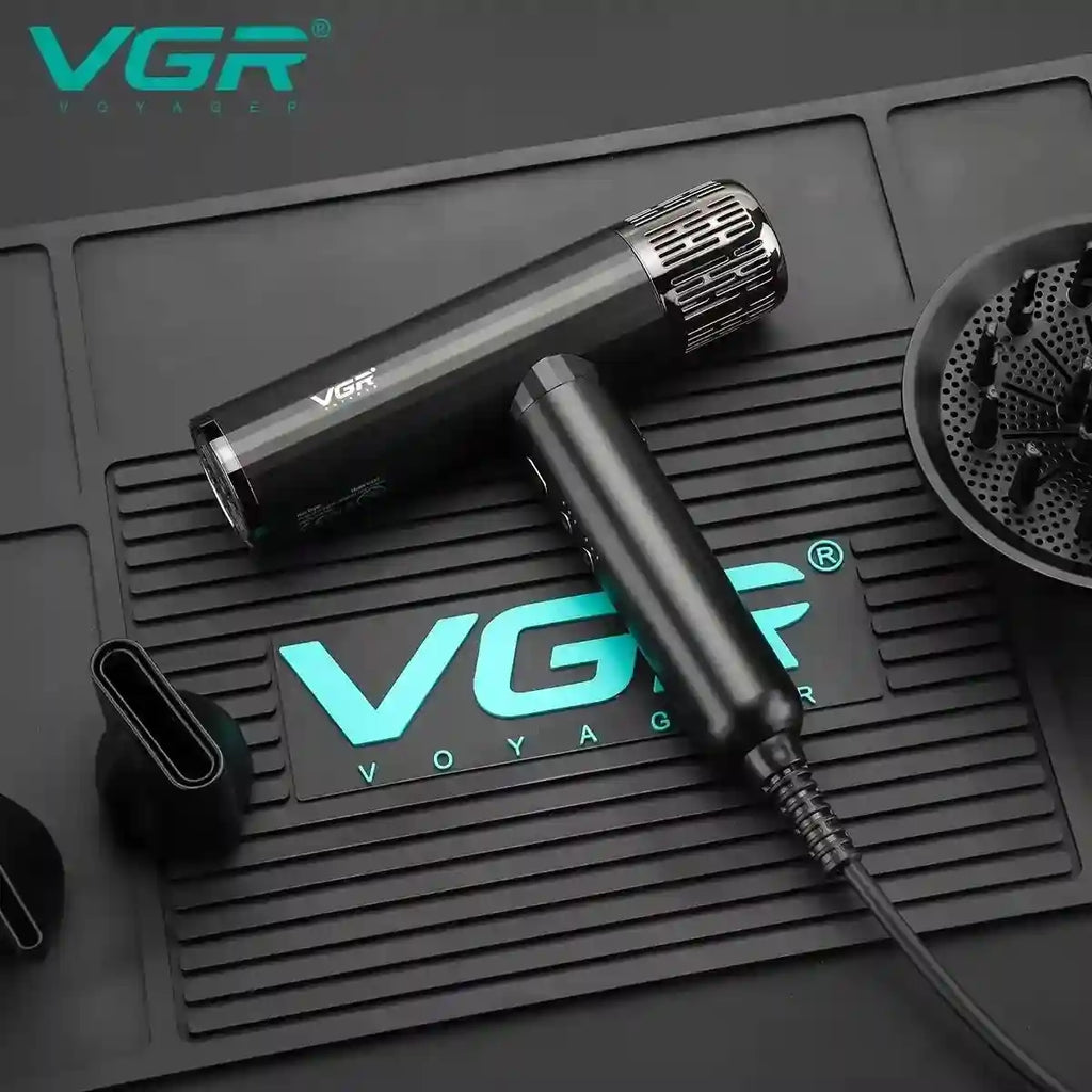 VGR V-427 professional black salon hair dryer with diffuser, concentrator nozzle, and high-speed brushless motor.