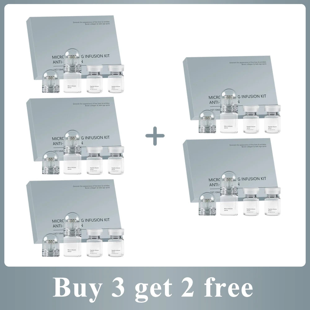 Five sets of micro-infusion anti-wrinkle kits, each with a grey box and three small, clear glass serum vials.