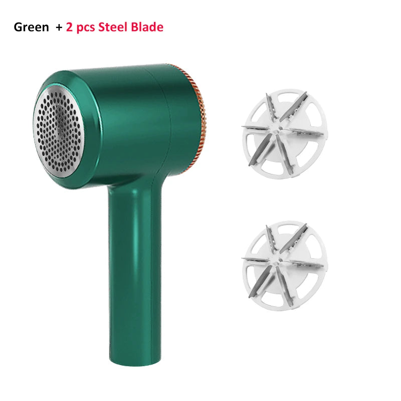 Green electric fabric shaver with circular head and two spare blade discs