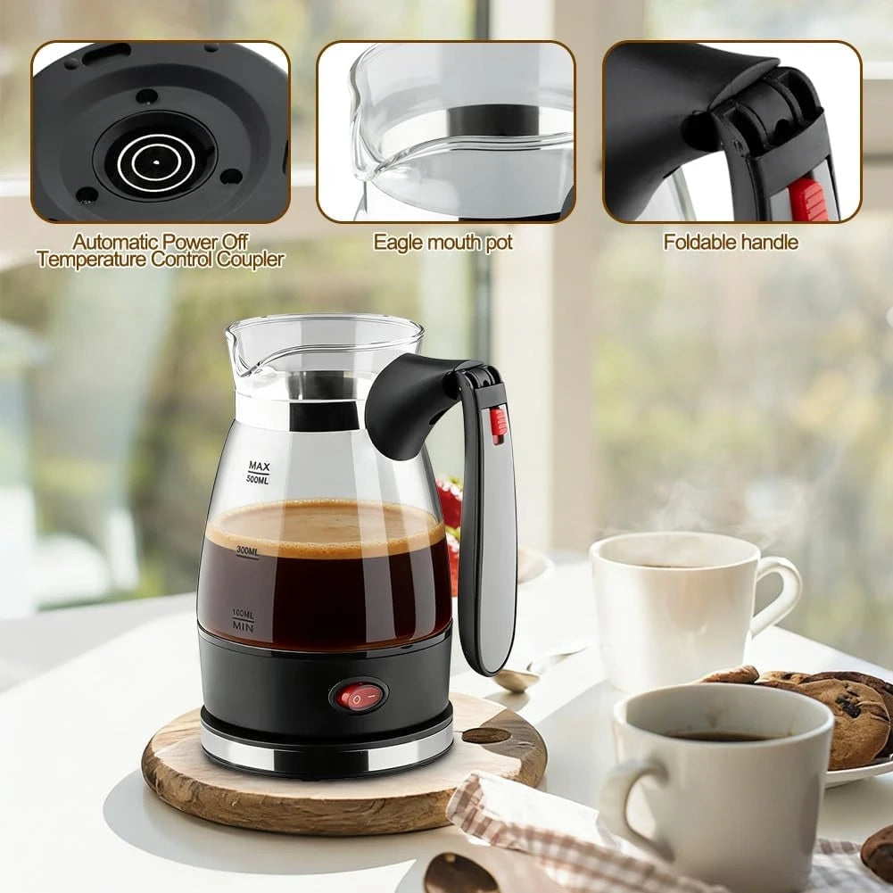 500ml glass electric coffee maker with black base, foldable handle, and automatic power-off temperature control.