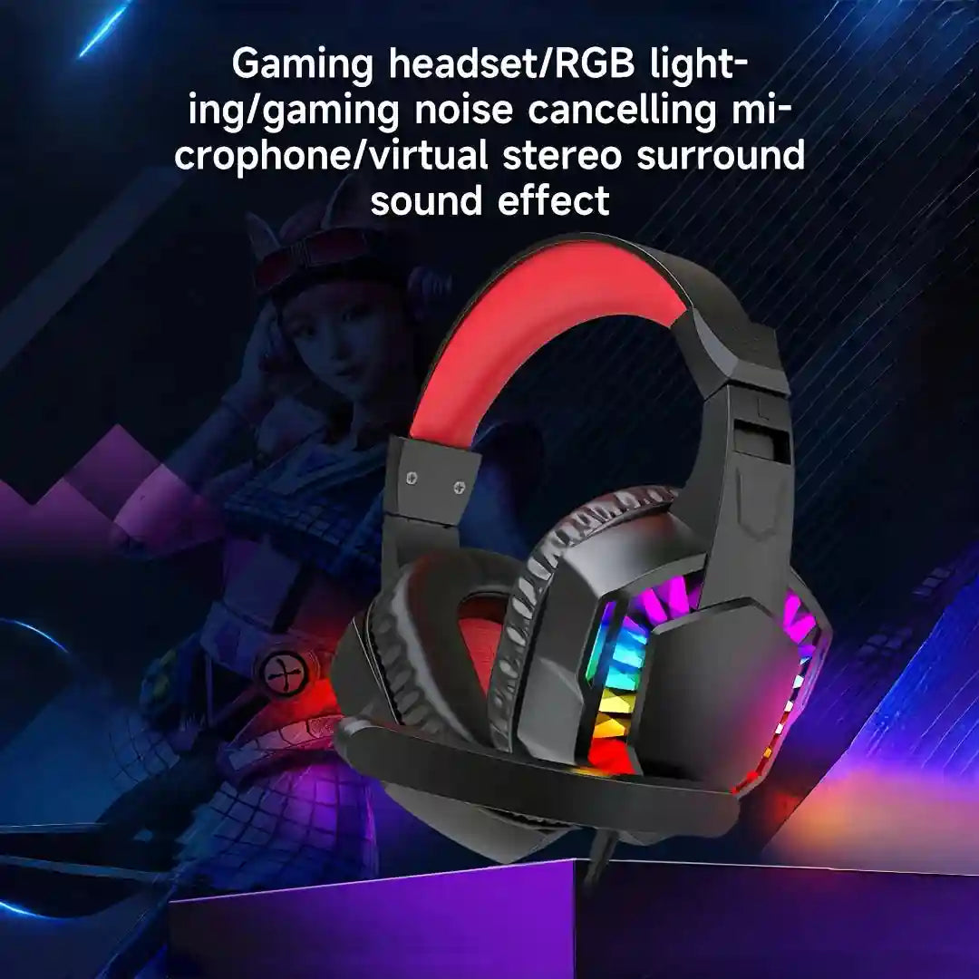Wired Gaming Headset with RGB Lighting - Over-Ear Black and Red Black and Red RGB Li Tidesmit