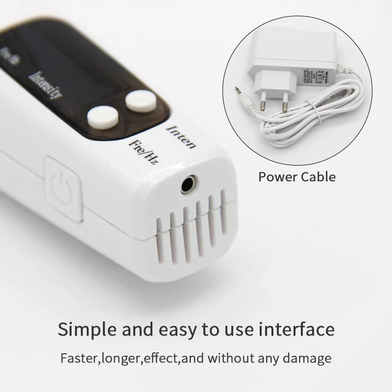White picosecond laser pen for tattoo, acne, and dark spot removal with power adapter and adjustable intensity buttons.