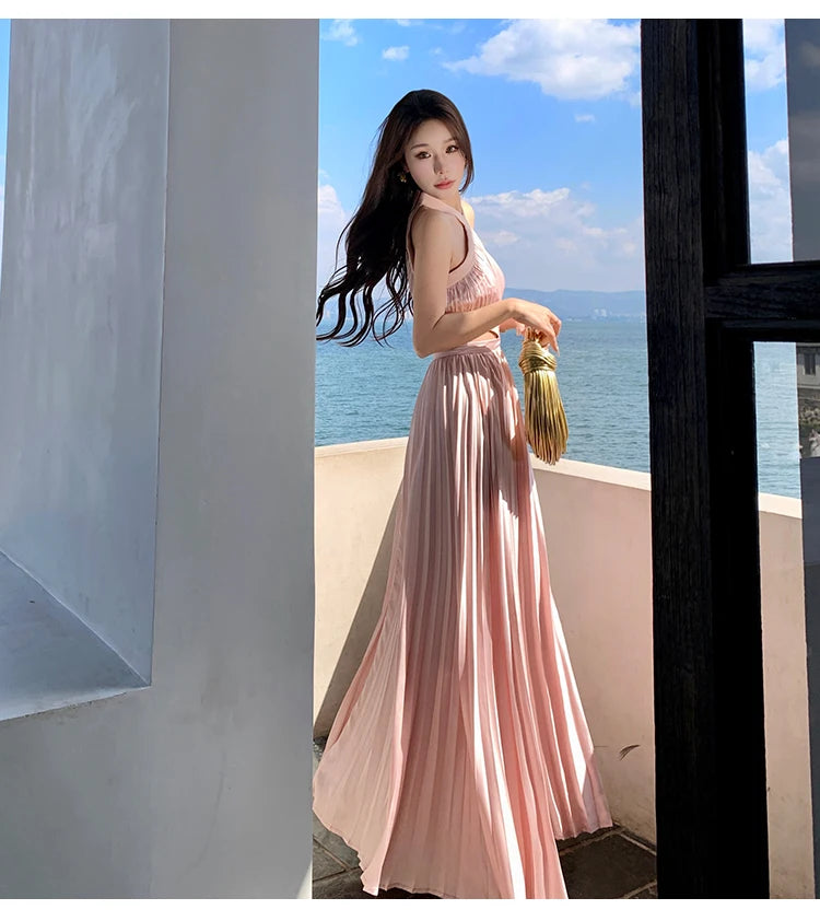 New Sexy Club Birthday Party Pleated Robe Long Dresses Women Summer Halter Neck Sleeveless Off The Shoulder Holiday Beach Dress