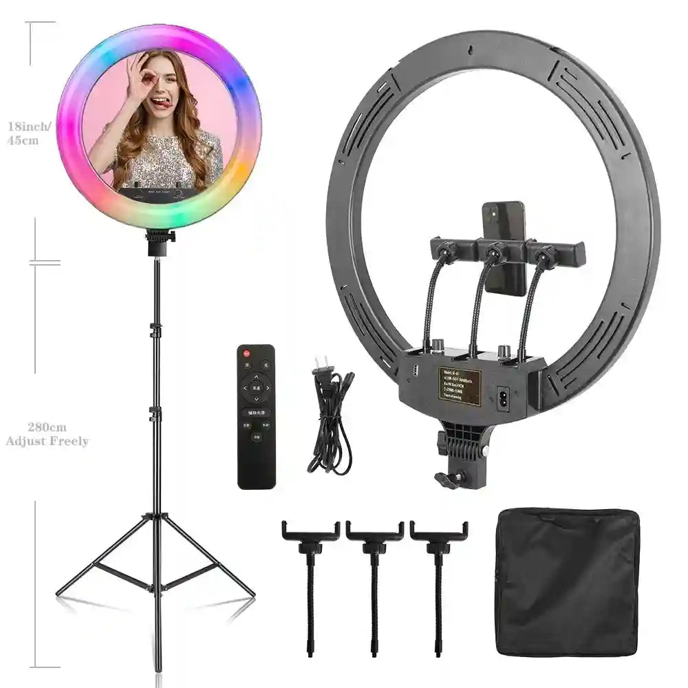 18 Inch RGB LED Ring Light with Tripod - Dimmable Studio Lighting SH-HXD-18RGB-10 Tidesmit