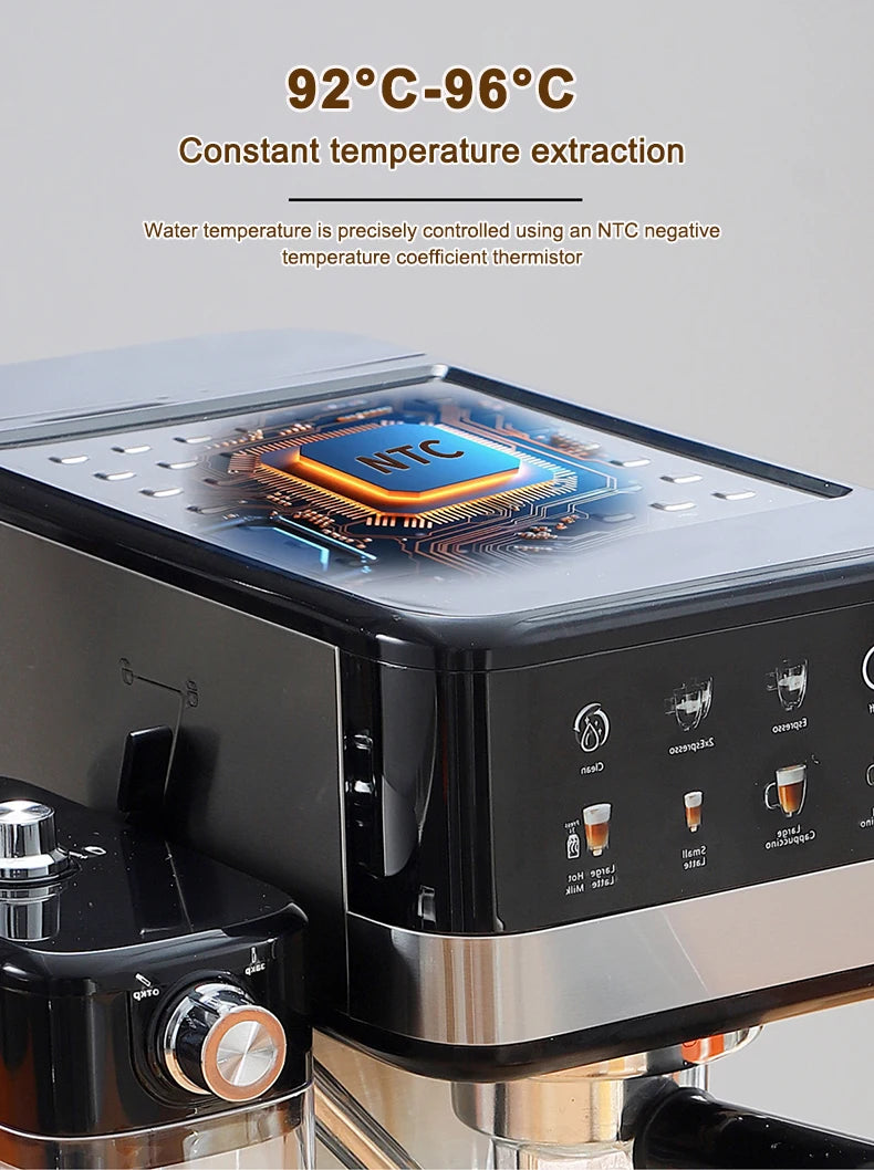 Black and silver espresso machine with NTC temperature control technology for precise 92-96°C coffee extraction.