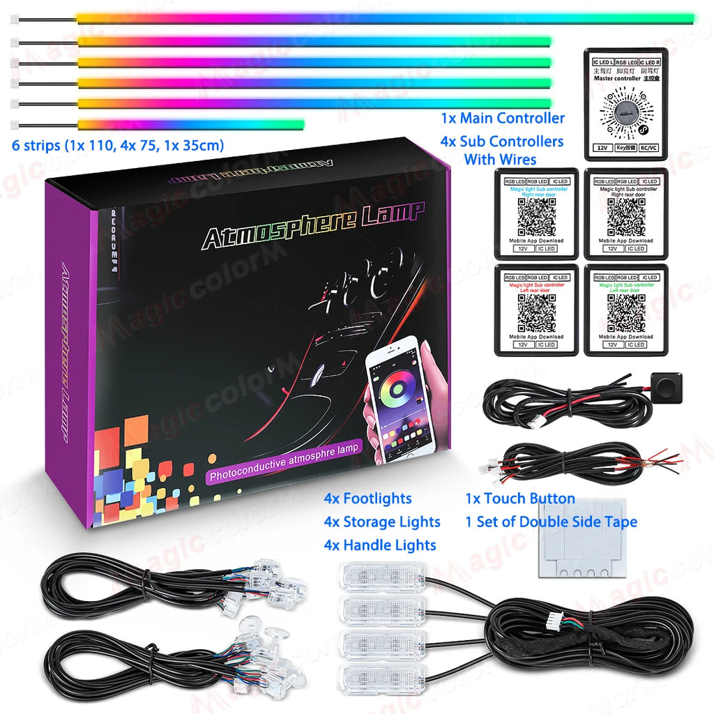 RGB atmosphere lamp kit for car interiors, featuring six LED strips, control modules, touch button, and installation