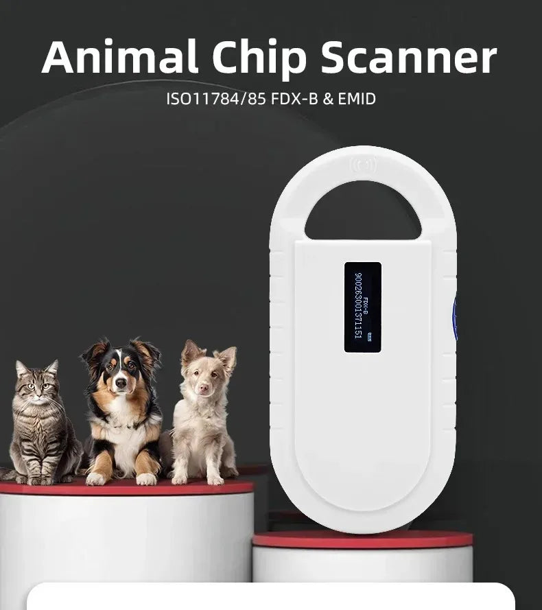 Handheld white RFID pet microchip scanner with OLED display for identifying dogs and cats, supports FDX-B and EMID.