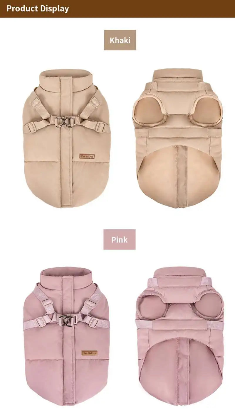 Warm, padded winter dog coat in khaki and pink with built-in harness for small to medium dogs in autumn or winter.