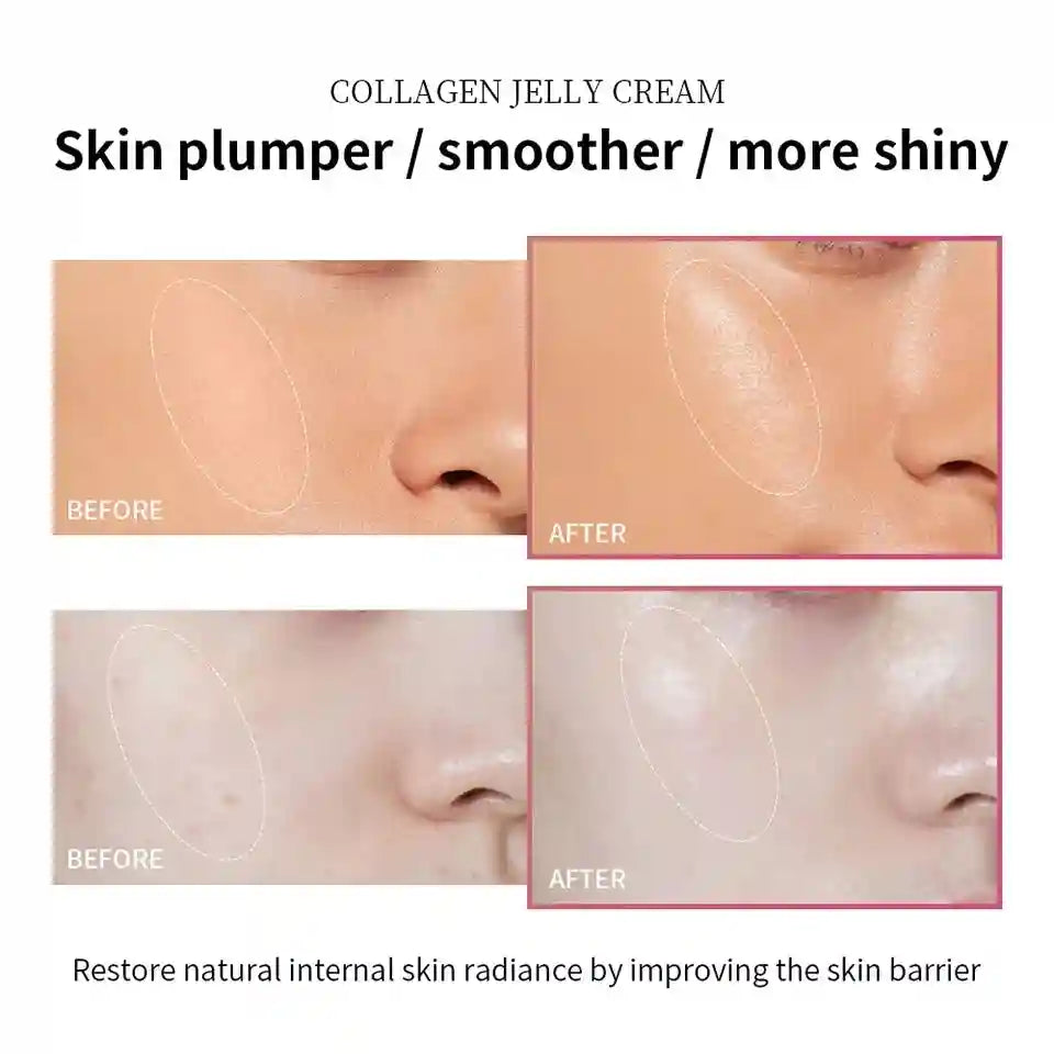 Collagen Jelly Cream before and after application, showing hydrated, smoother, and radiant skin on the cheek area.